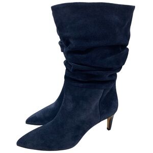 Paris Texas Suede Slouch Boots Sz 7 Blue Mid Calf Heeled Italy Leather Womens
